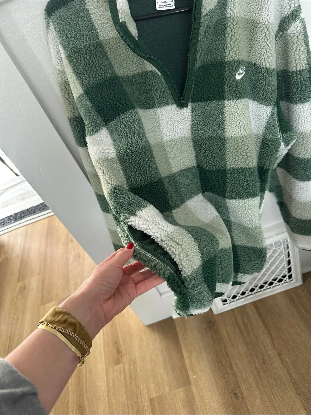 Nike Men’s Green and Cream Plaid Sherpa Quarter-Zip Pullover
